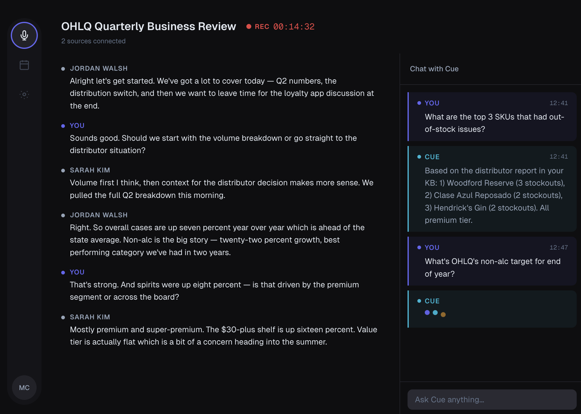 Cue in action — live transcript with AI chat panel